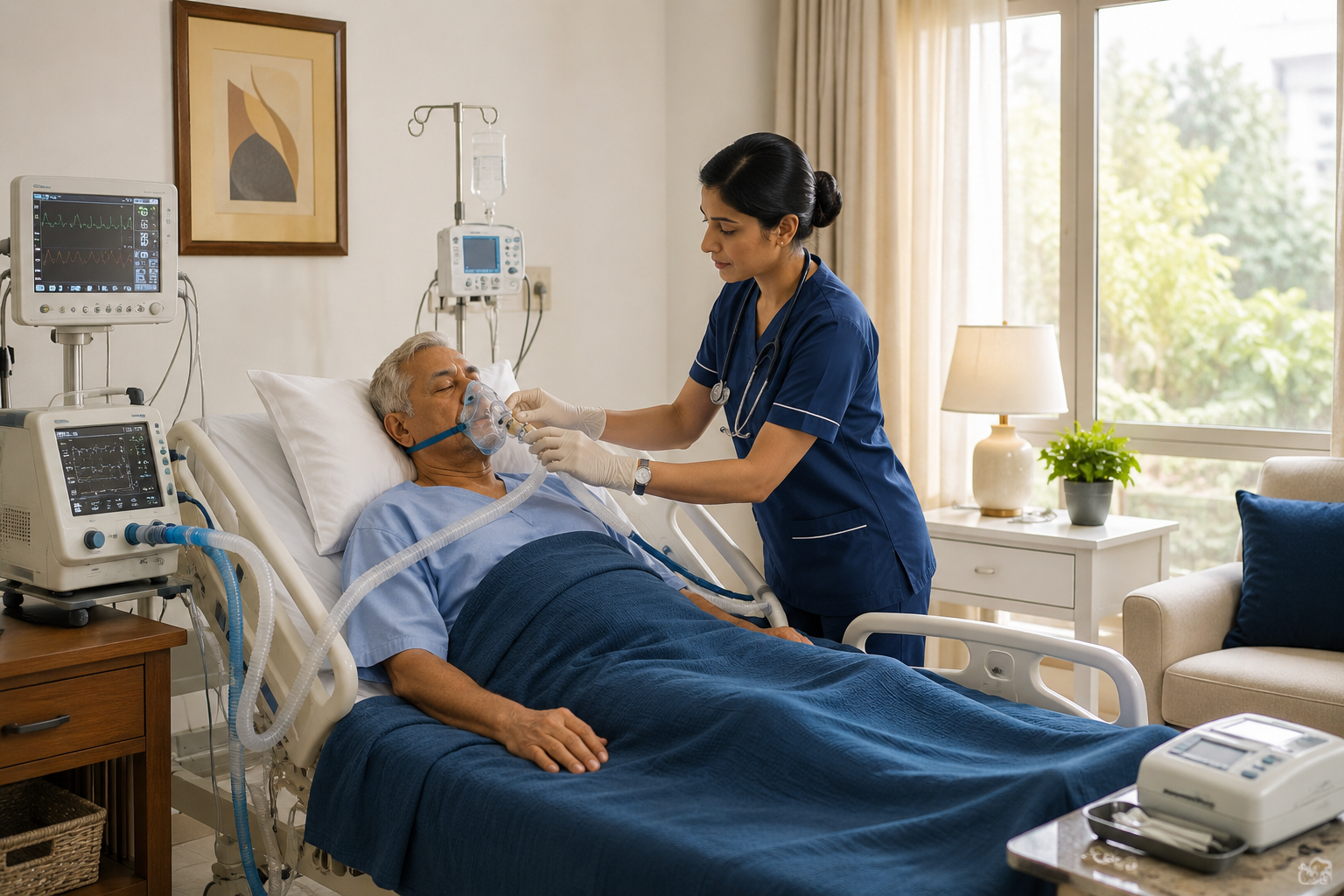 ICU at home setup with nurse and patient